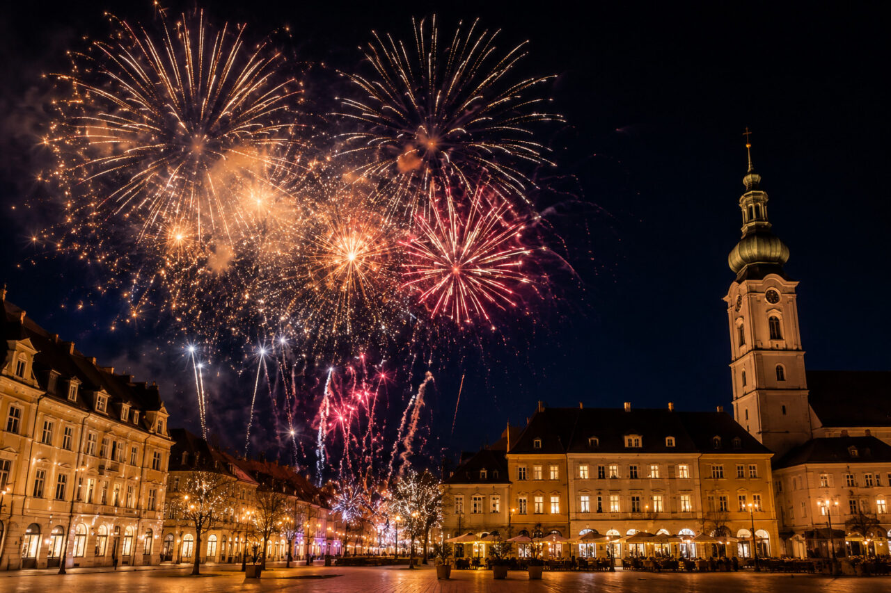 Silvesterfeuerwerk über der Welser Altstadt – stimmungsvoller Jahreswechsel im Herzen von Oberösterreich.