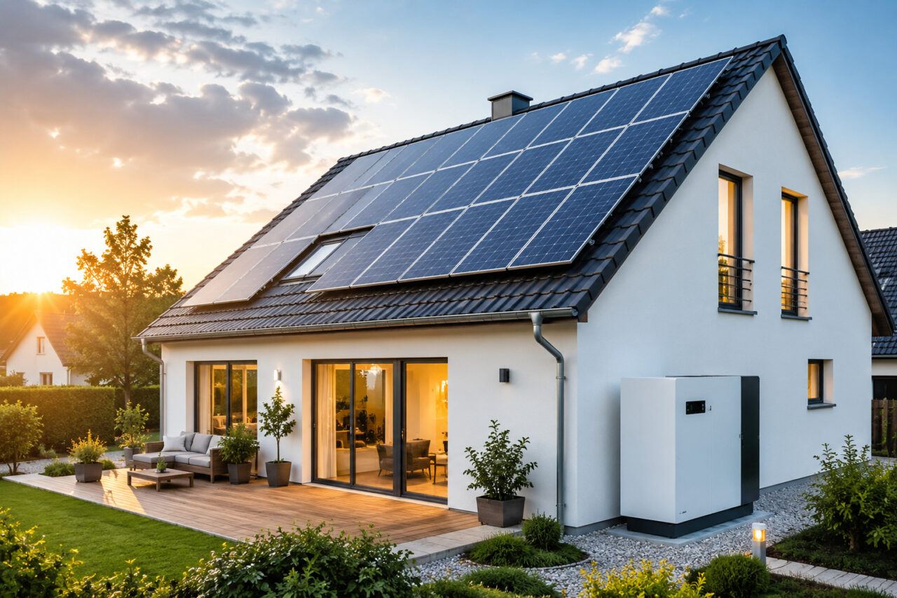 Modernes Einfamilienhaus mit Photovoltaikanlage und Stromspeicher als Beispiel für energieeffizientes Wohnen
