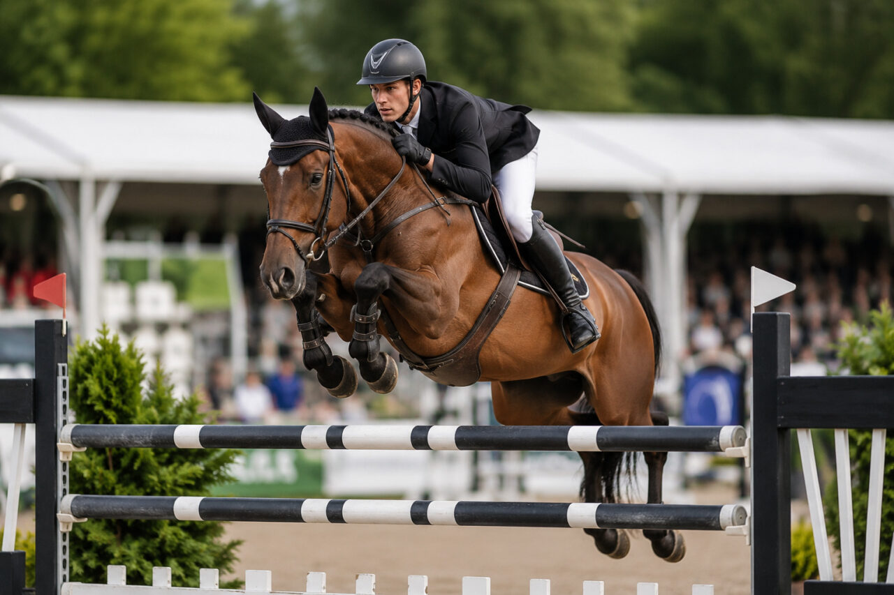 Reiter mit Sportpferd beim Springreiten über ein Hindernis auf der Pferd Wels