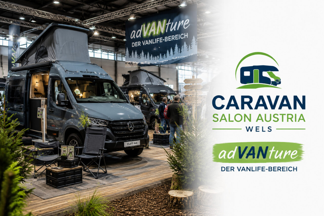 Vanlife-Bereich adVANture auf dem Caravan Salon Austria in Wels mit Campervans und Outdoor-Ausrüstung.