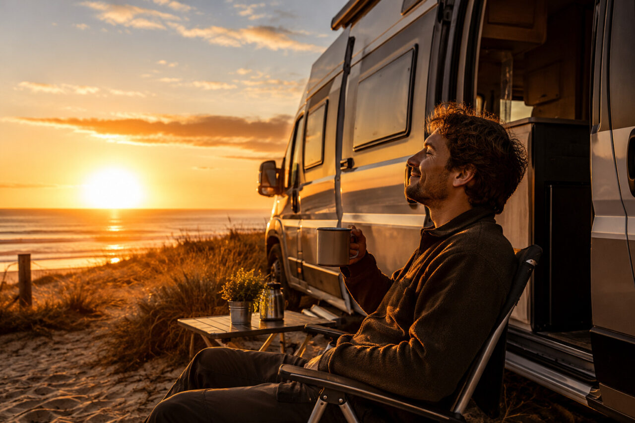 Mann genießt den Sonnenaufgang mit einer Tasse Kaffee vor seinem Wohnmobil am Strand während eines Vanlife-Abenteuers