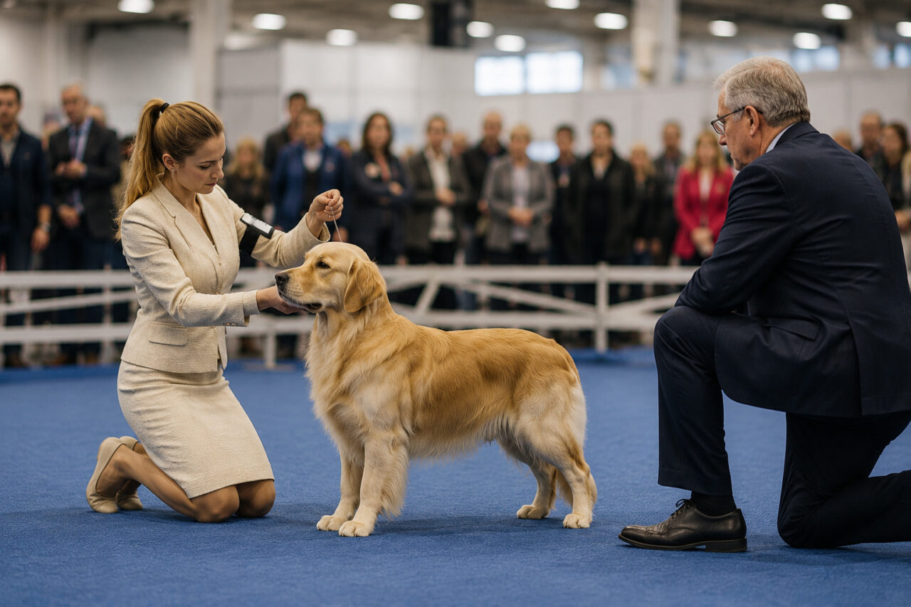 Golden Retriever mit Hundeführerin bei der Bewertung im Ausstellungsring der Internationalen CACIB-Hundeausstellung in Wels