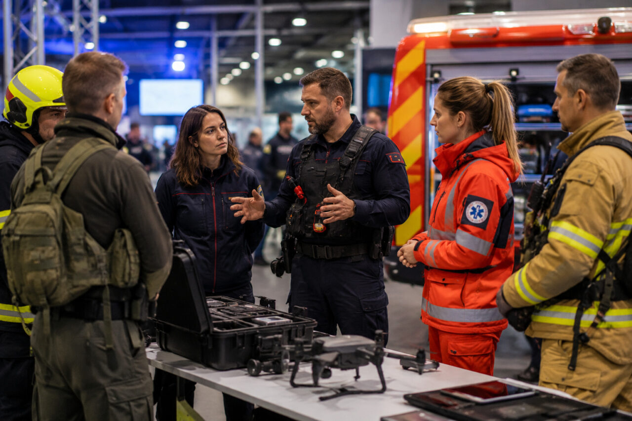 Feuerwehr, Rettungsdienst und weitere Einsatzkräfte informieren Besucher über moderne Einsatztechnik auf der Retter Messe Wels.