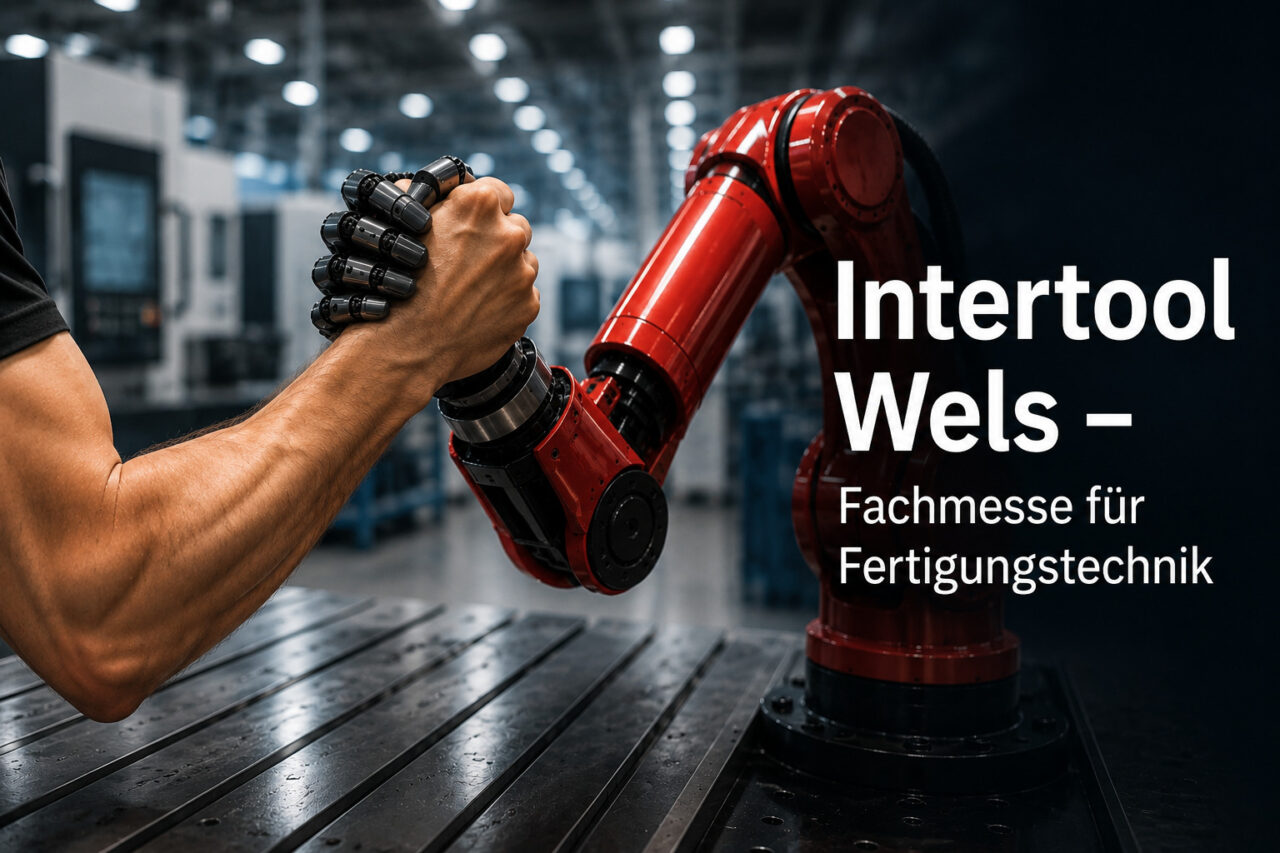 Intertool Wels – Mensch und Roboterarm symbolisieren Automation, Robotik und moderne Fertigungstechnik in der Messe Wels.