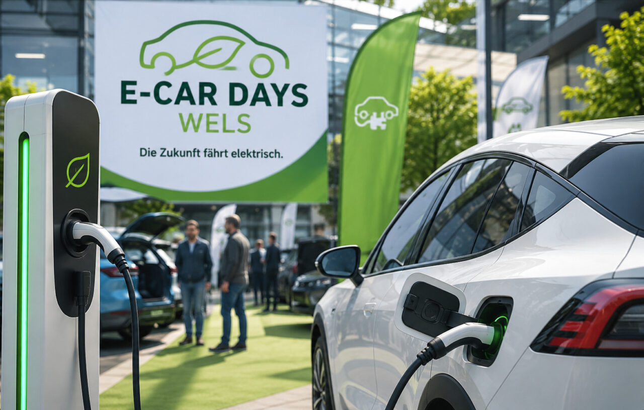 E-Car Days Wels mit Elektroauto an einer Ladestation und Besuchern auf der Messe für Elektromobilität.