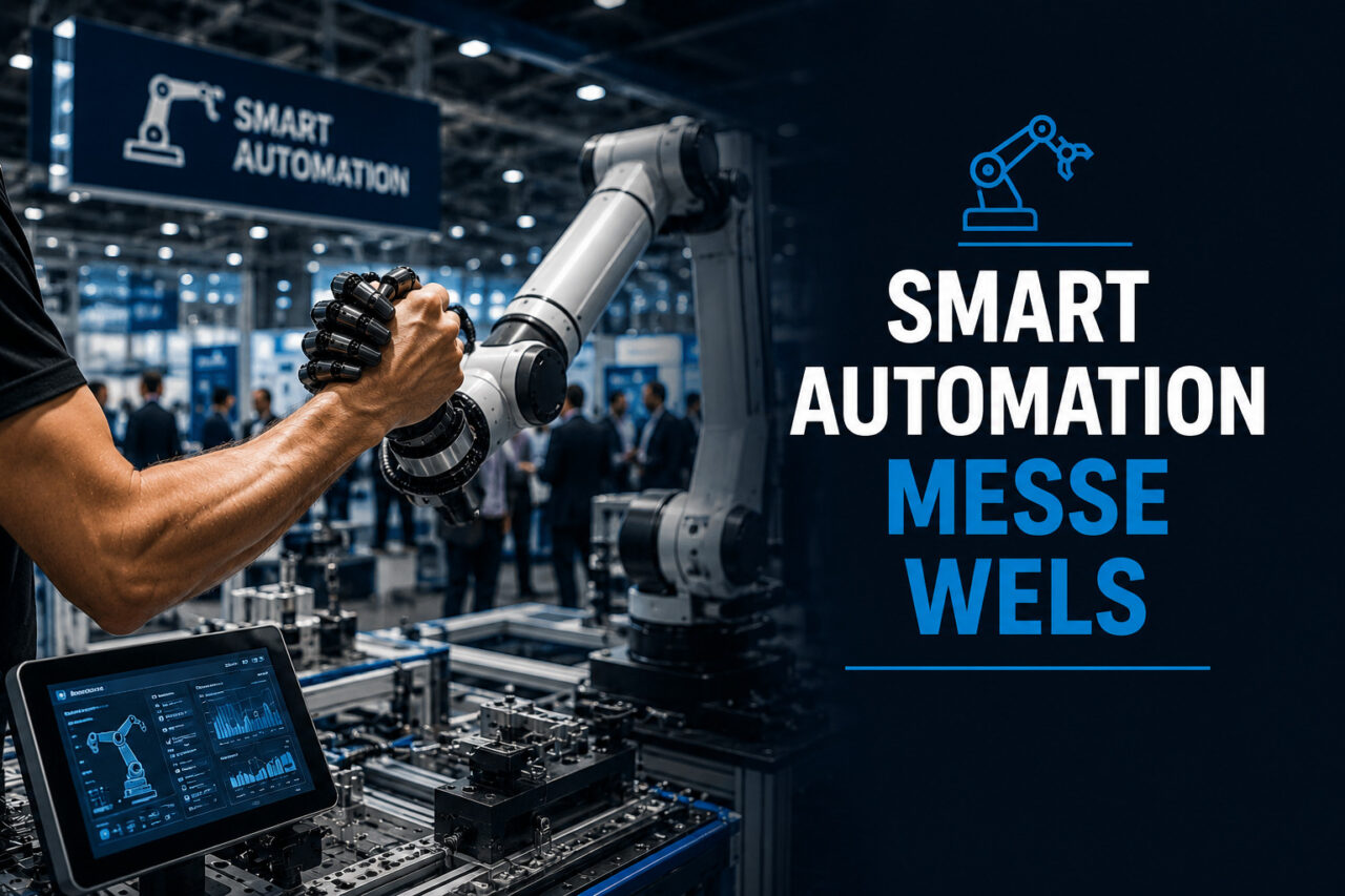 Smart Automation Messe Wels mit Industrieroboter, automatisierter Fertigungsanlage und Fachbesuchern in der Messehalle.