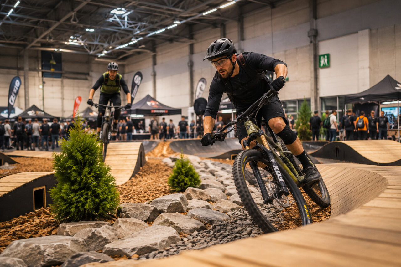 Indoor-Testparcours auf dem Bike Festival Austria in Wels mit Mountainbikern, Hindernissen und Besuchern in der Messehalle.
