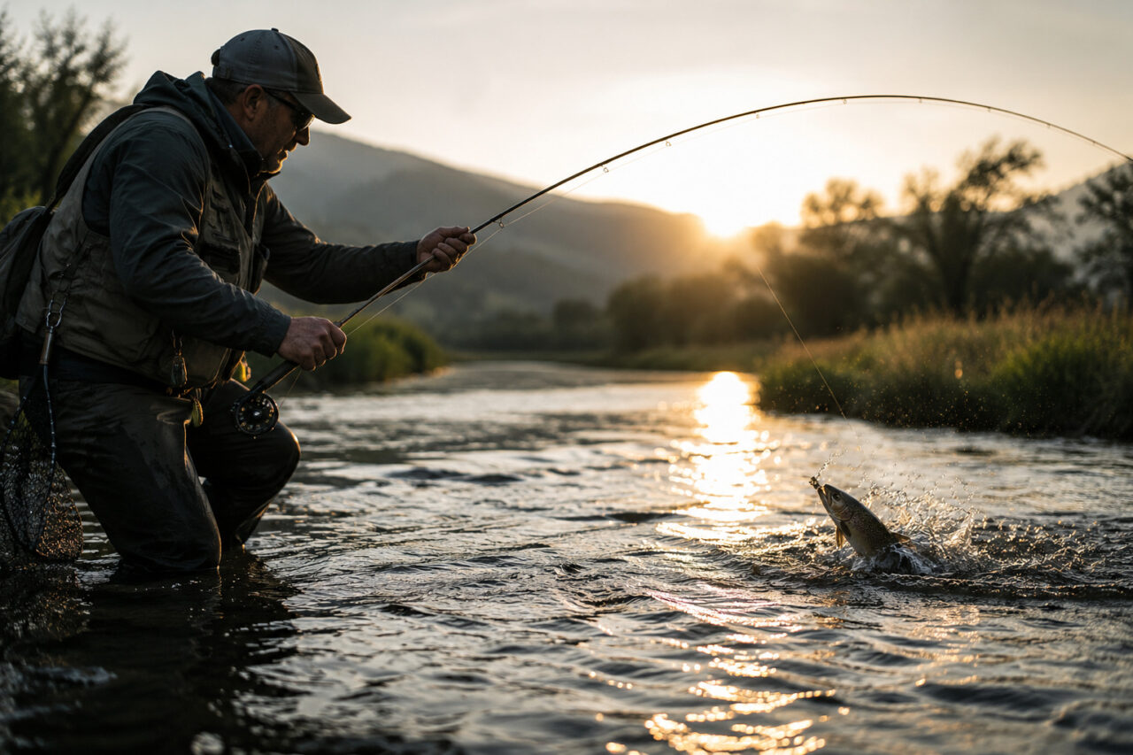 Angler drillt einen kämpfenden Fisch im Fluss bei Sonnenaufgang, inspiriert vom Fishing Festival Wels