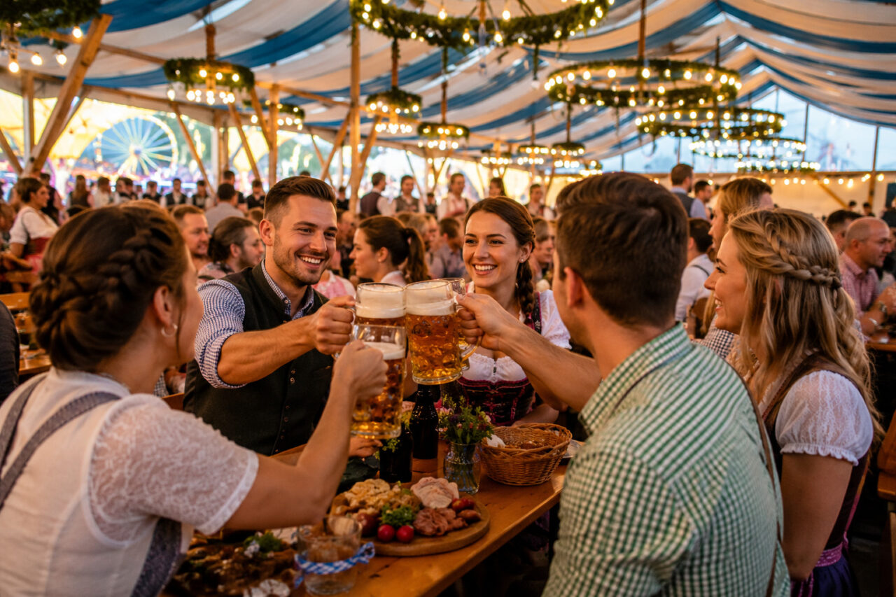 Besucher feiern in traditioneller Tracht im Bierzelt auf dem Welser Volksfest in Wels.