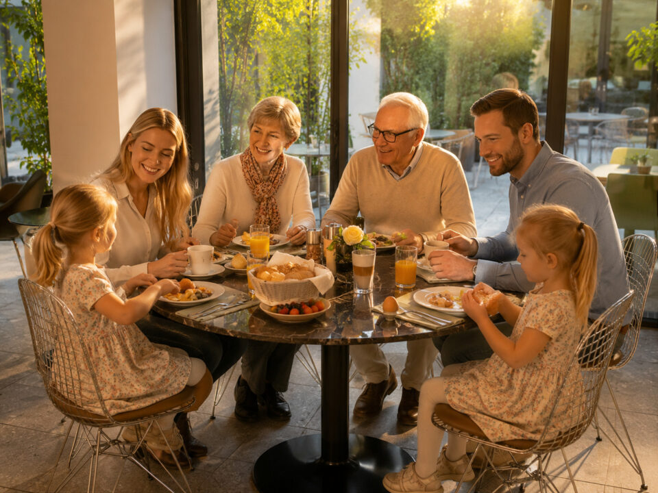 Familienfrühstück mit Großeltern, Eltern und Kindern im sonnigen Frühstücksbereich des Hotel Ploberger in Wels. Gemeinsame Zeit, regionale Spezialitäten und Morgenstimmung im Garten.