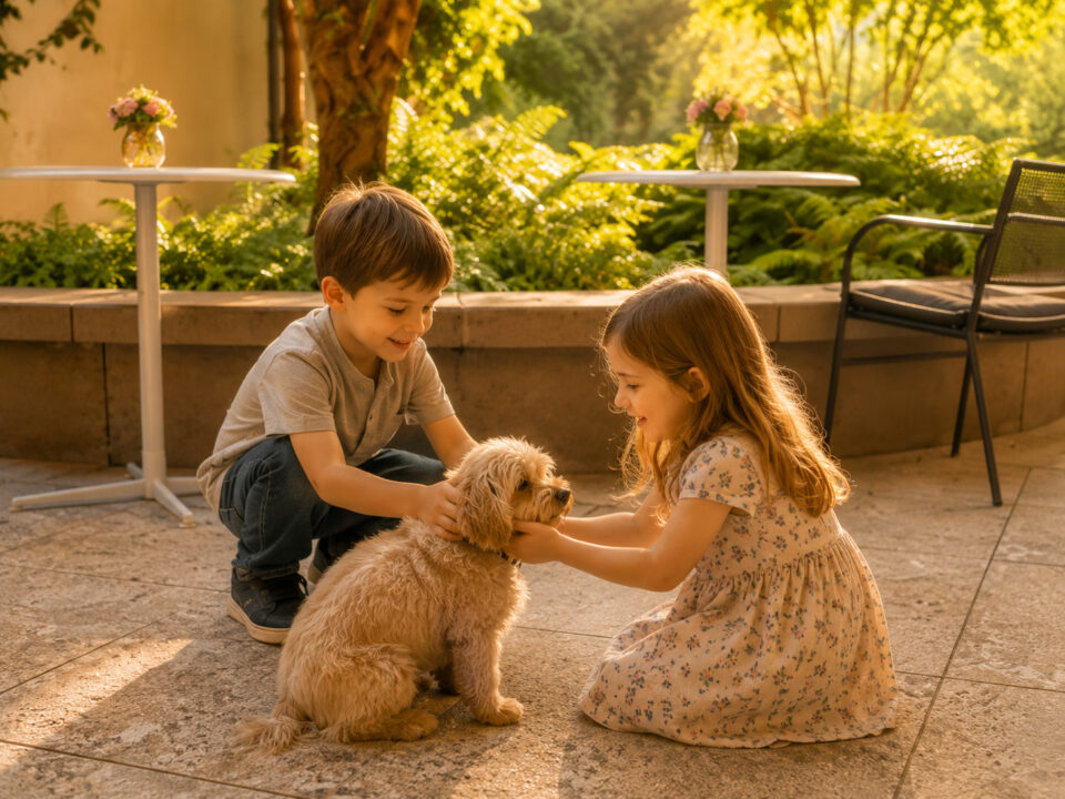Zwei Kinder spielen mit einem kleinen Hund im Frühstücksgarten des Hotel Ploberger in Wels. Die Szene ist in warmes Morgenlicht getaucht und vermittelt eine entspannte, familienfreundliche Atmosphäre.