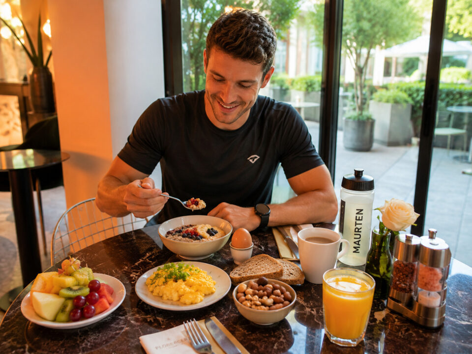 Sportler genießt ein ausgewogenes Frühstück mit Müsli, frischem Obst, Eiern und Nüssen im Hotel Ploberger in Wels