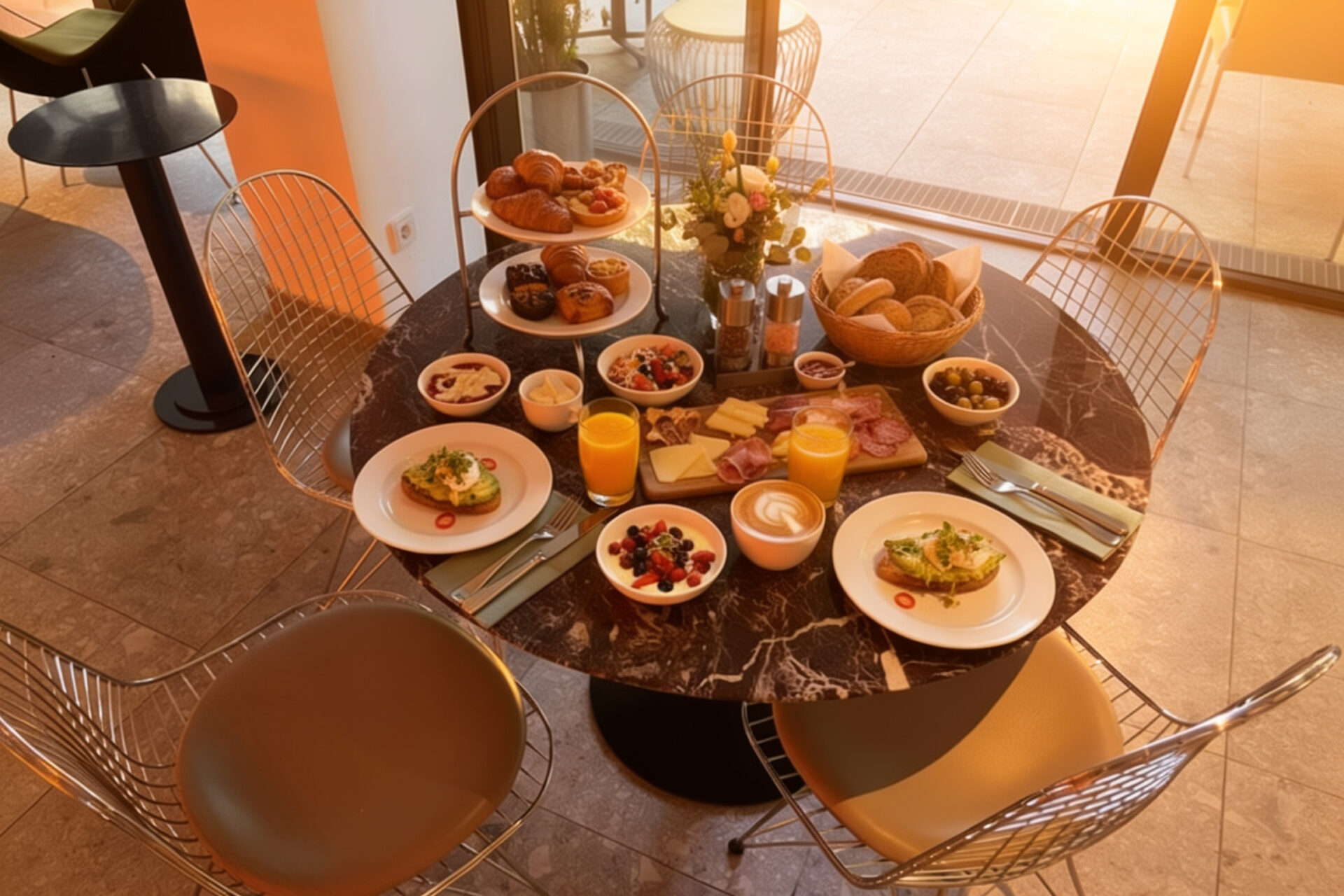 Frühstück im Morgenlicht mit frischen regionalen Produkten als energiereicher Start in den Tag beim Retreat im Hotel Ploberger.