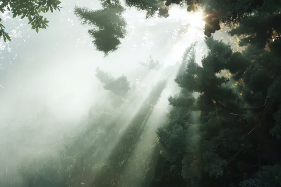 Sonnenlicht durchdringt den Morgennebel im Wald und symbolisiert mentale Klarheit, innere Ruhe und neue Orientierung.