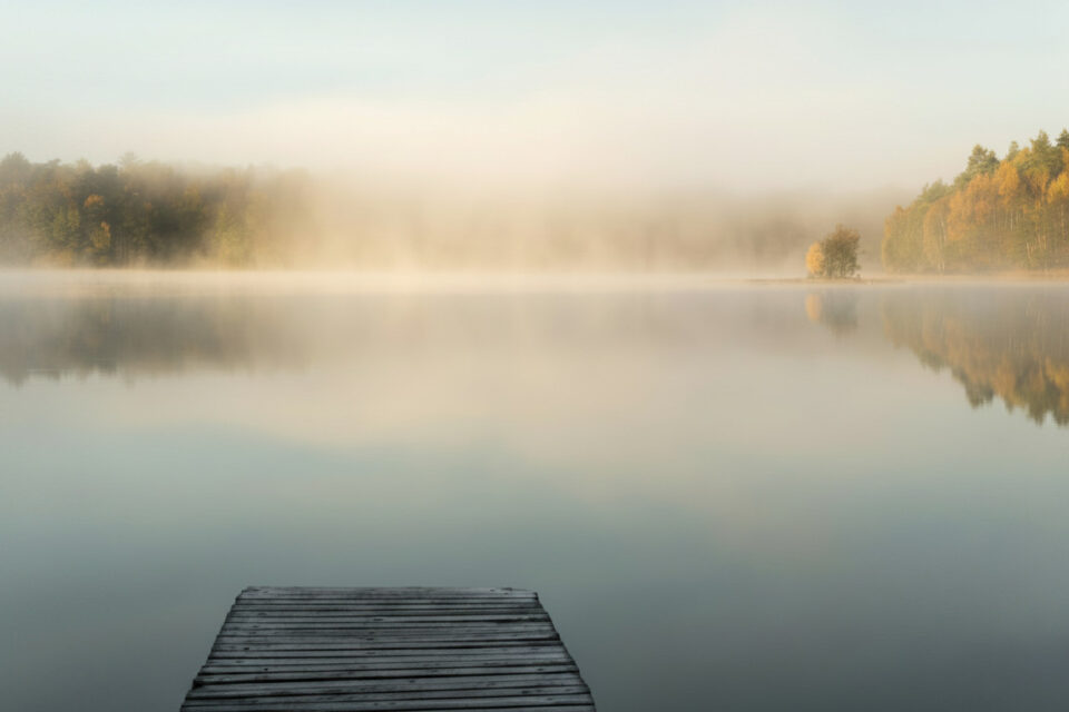 Stiller See im Morgennebel mit Holzsteg als Symbol für Regeneration, innere Ruhe und neue Energie beim Retreat in Oberösterreich.